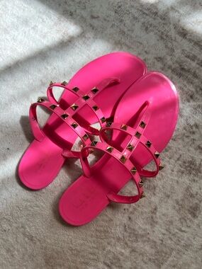 Studded Hot Pink Slide Sandals with Triple Straps